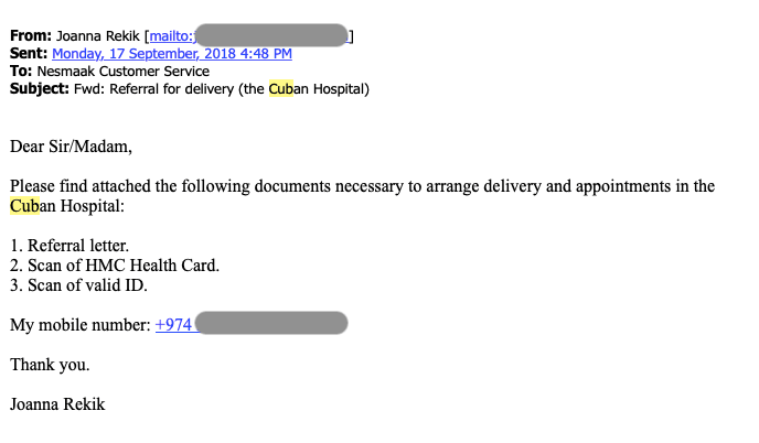 sample e-mail with hospital referral in Qatar